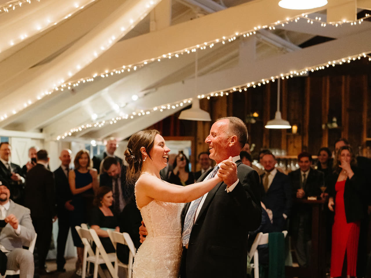 A father-daughter dance under market lights at a well-run reception